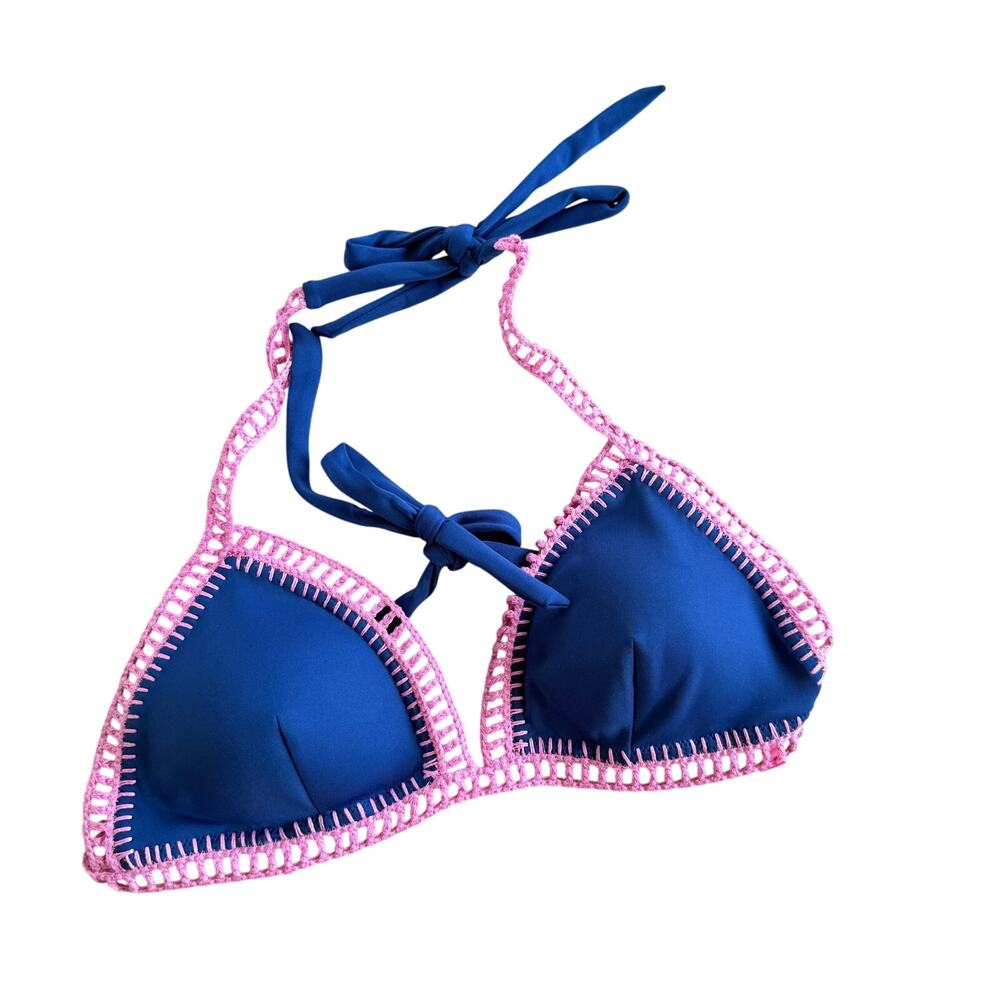 Victoria’s Secret Women's Blue Bikini Top Pink Crochet Trim Large